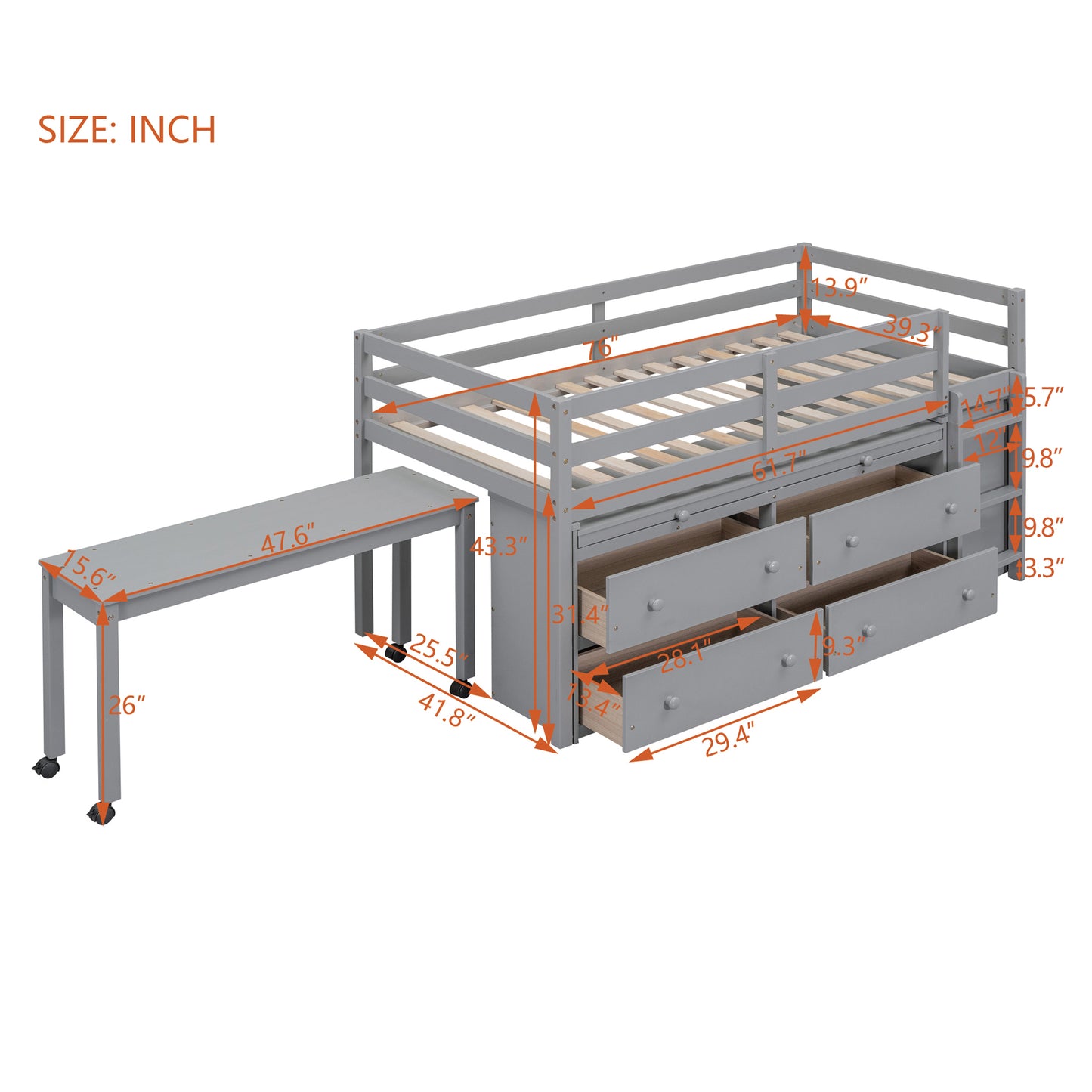 Twin Size Loft Bed with Retractable Writing Desk and 4 Drawers, Wooden Loft Bed with Lateral Portable Desk and Shelves, Gray image 5