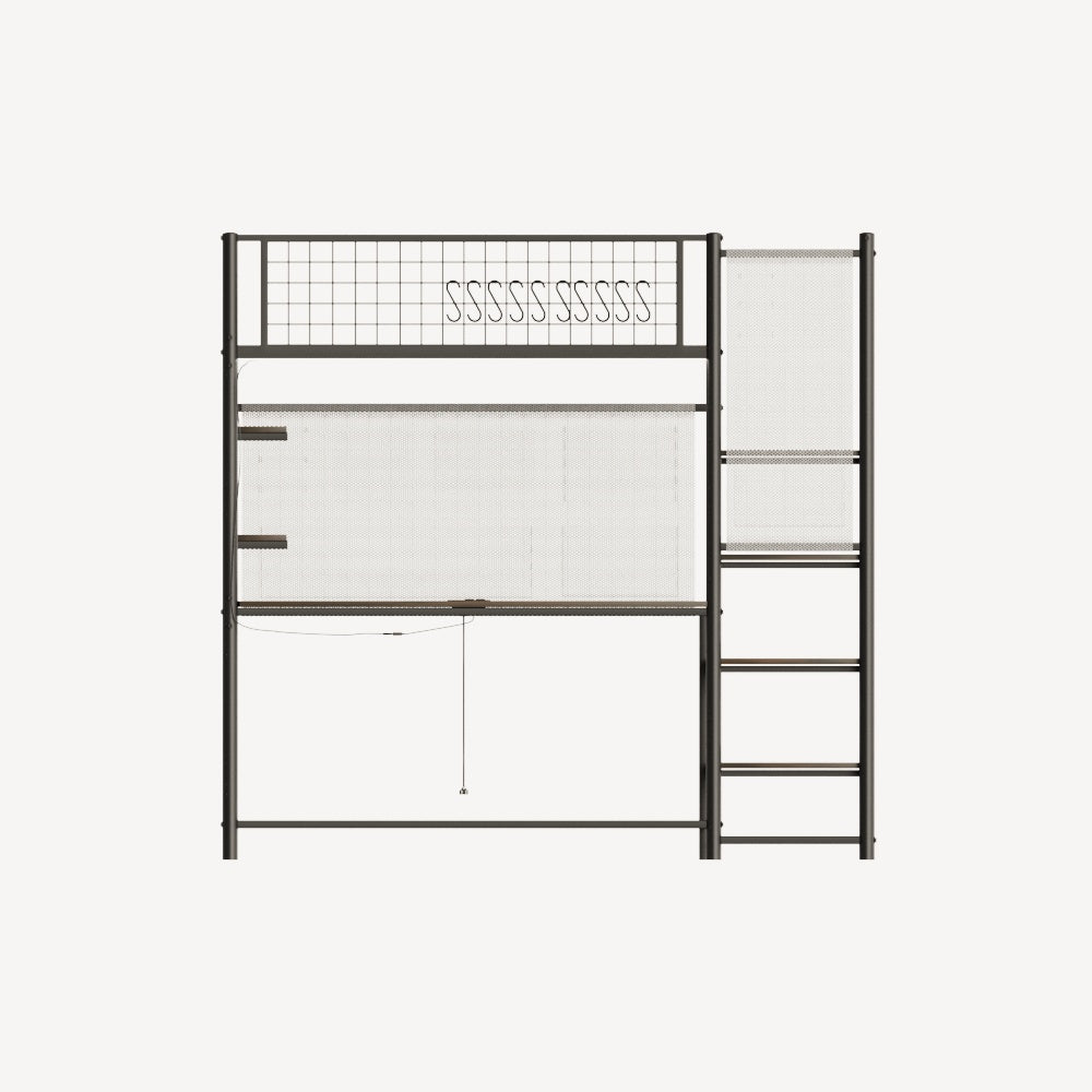 Full size loft metal bed with black for bedroom and dormitory, with built-in charging station and LED lighting image 7