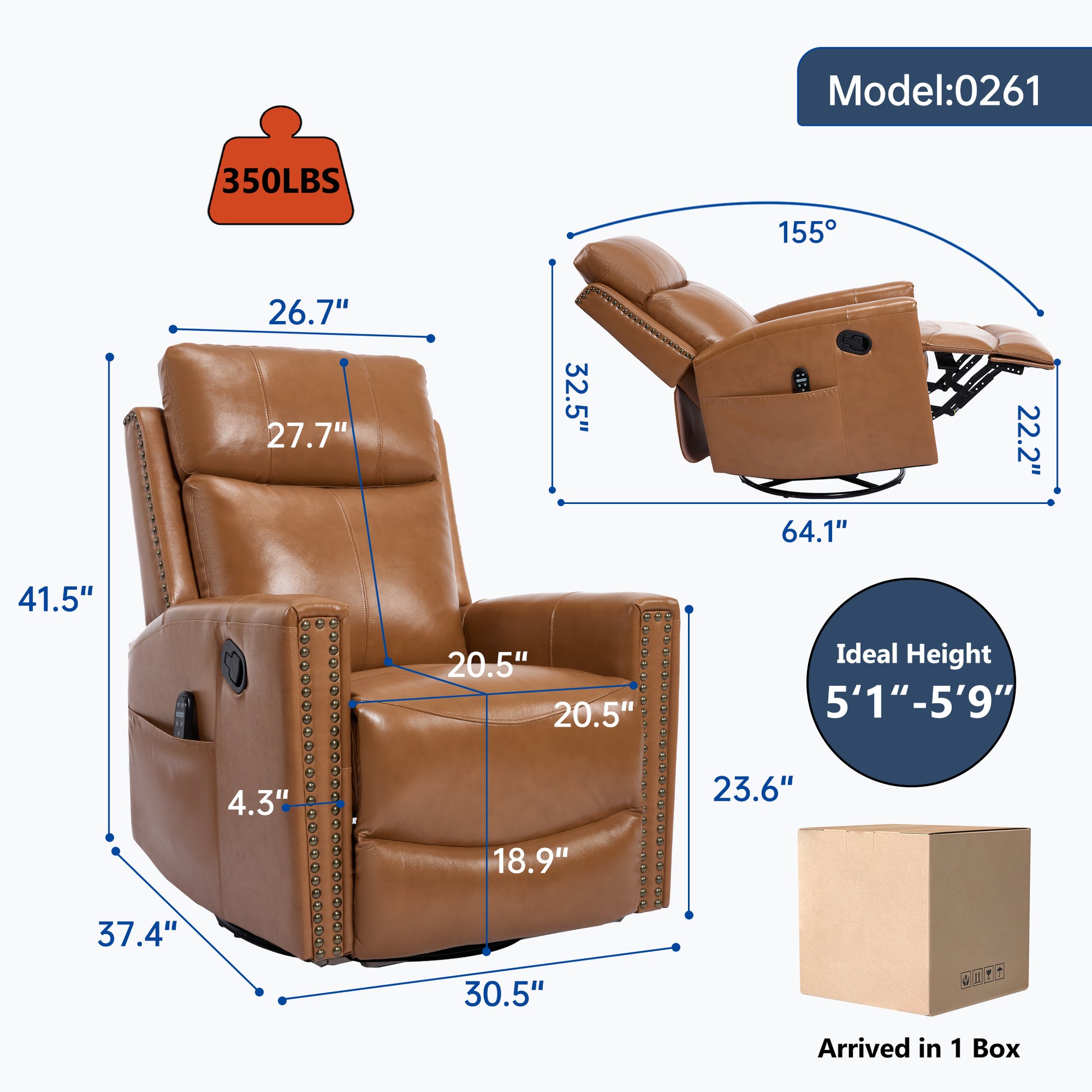 Orange Gnuine Leather Heat Massage Manual Recliner Chair with Rocker and Swivel for Living Room image 2