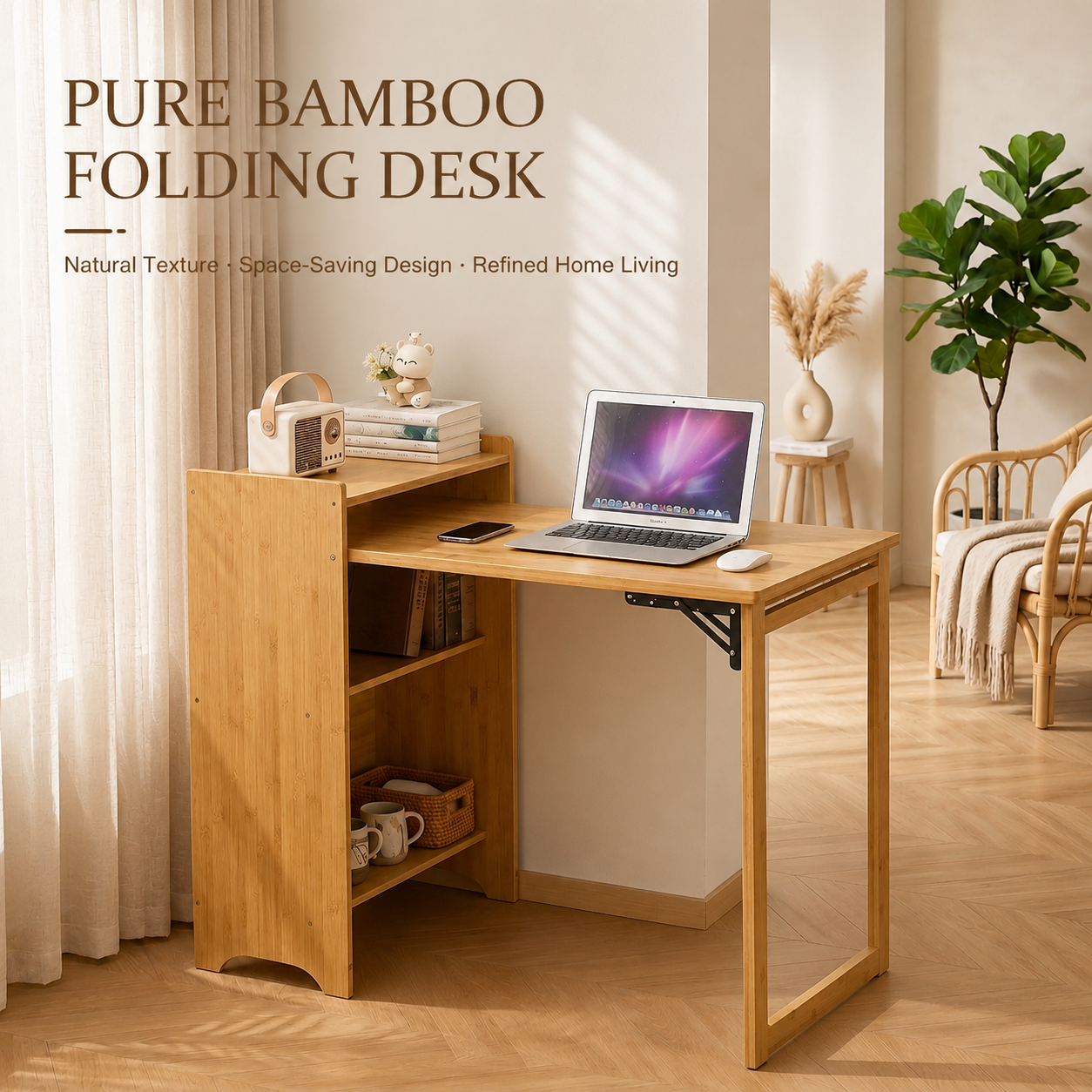 Bamboo Folding Desk, Foldable Desk for Small Space, Computer Desk with Hidden Storage, Mid Century Foldable Table for Home Office and Bedroom (NATURAL WOOD) image 4