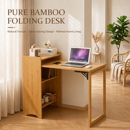 Bamboo Folding Desk, Foldable Desk for Small Space, Computer Desk with Hidden Storage, Mid Century Foldable Table for Home Office and Bedroom (NATURAL WOOD) image 4