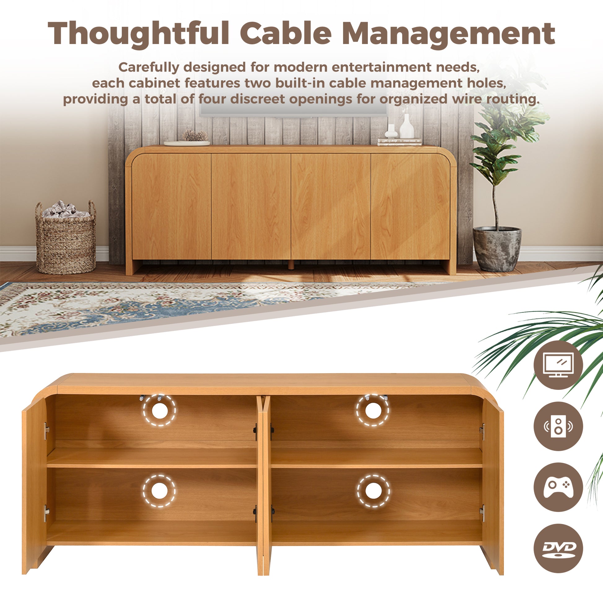 Farmhouse Curved Edge TV Stand with Large Cabinets for TVs up to 70", Minimalist Wood Grain Media Console with Cable Management, Mid Century TV Cabinet with Adjustable Shelves for Living Room, Natural image 5