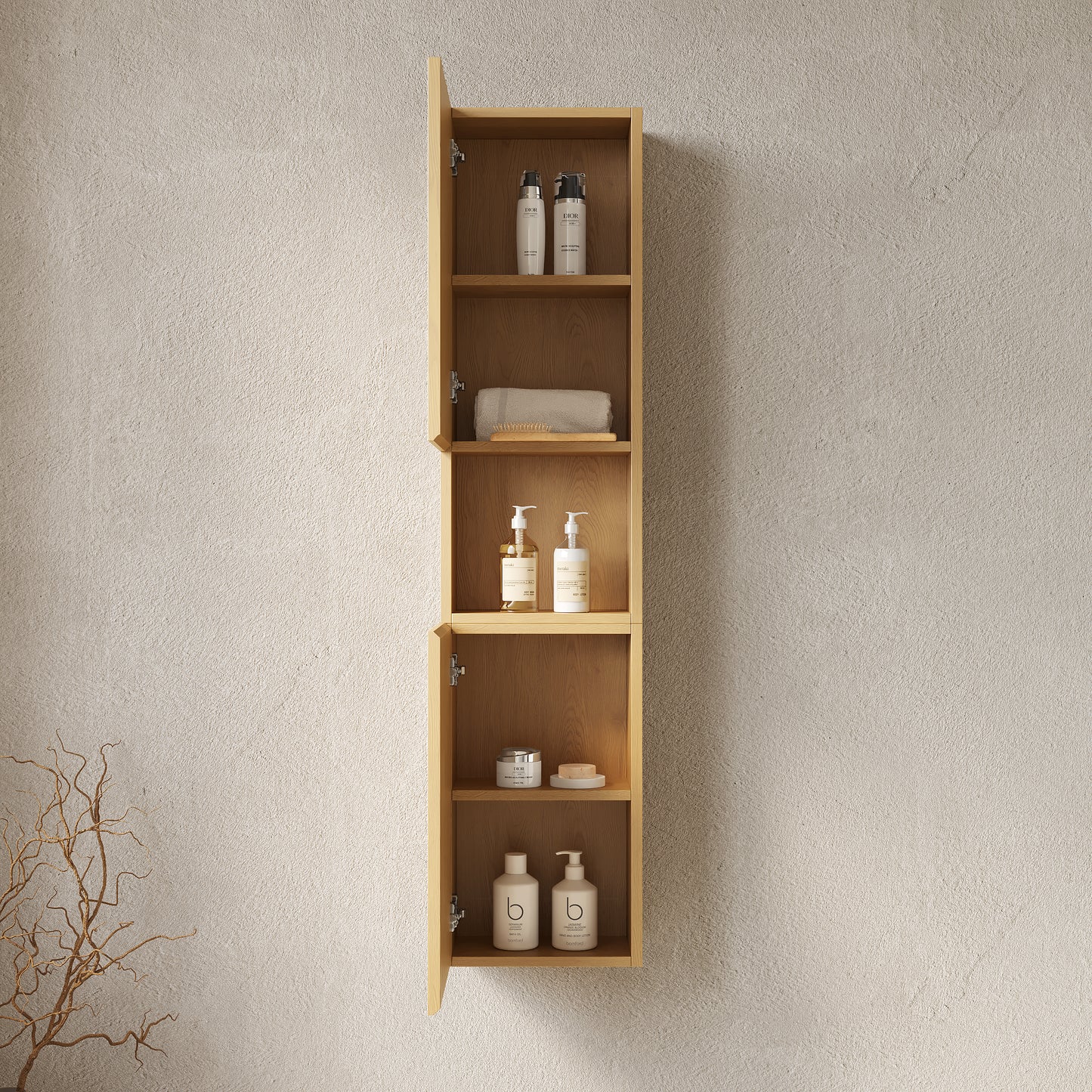 MITCH 59" Tall Bathroom Wall Mounted Cabinet - Upper Compartment with Open Shelf