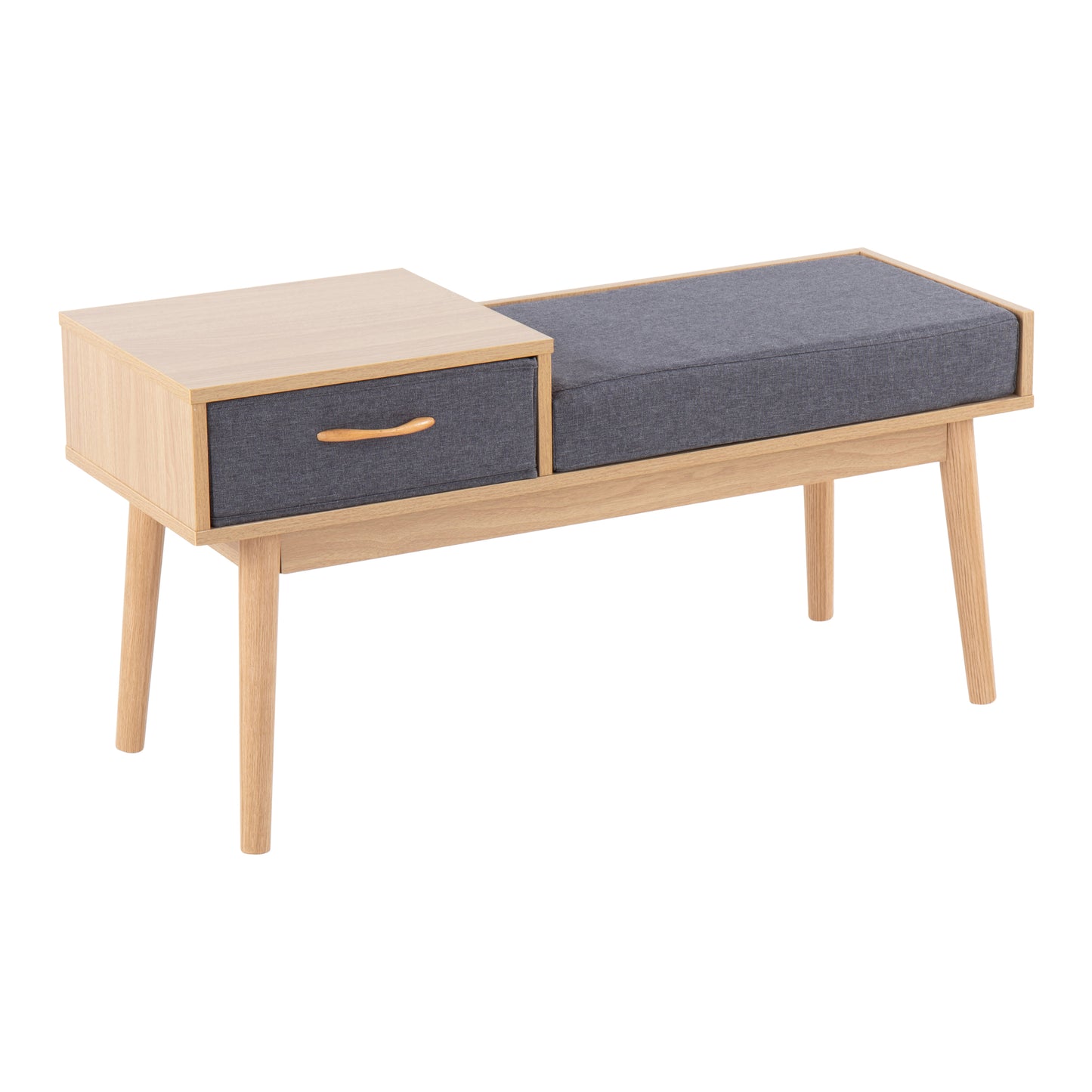Telephone Contemporary Bench in Natural Wood and Grey Fabric with Pull-Out Drawer image 1