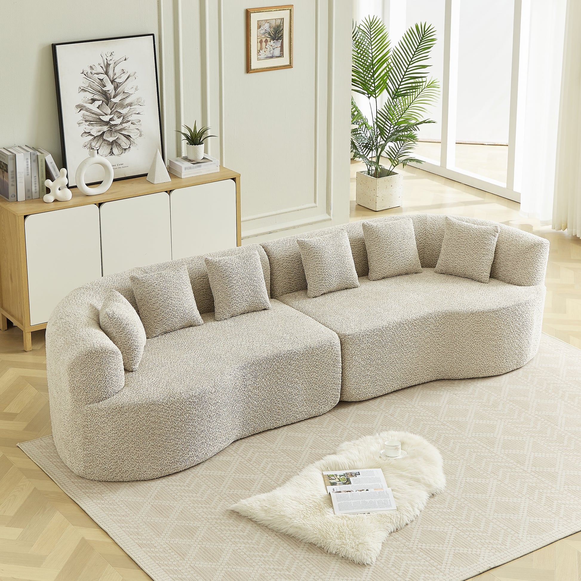 Curved Sectional Sofa, 111.5-inch Oversized Modern Bone-Free Cloud Sofa with 6 Pillows Luxury Chenille Four-Seater Memory Foam Sofa with Deep Seat Design, Light khaki W3505P355582 image 12