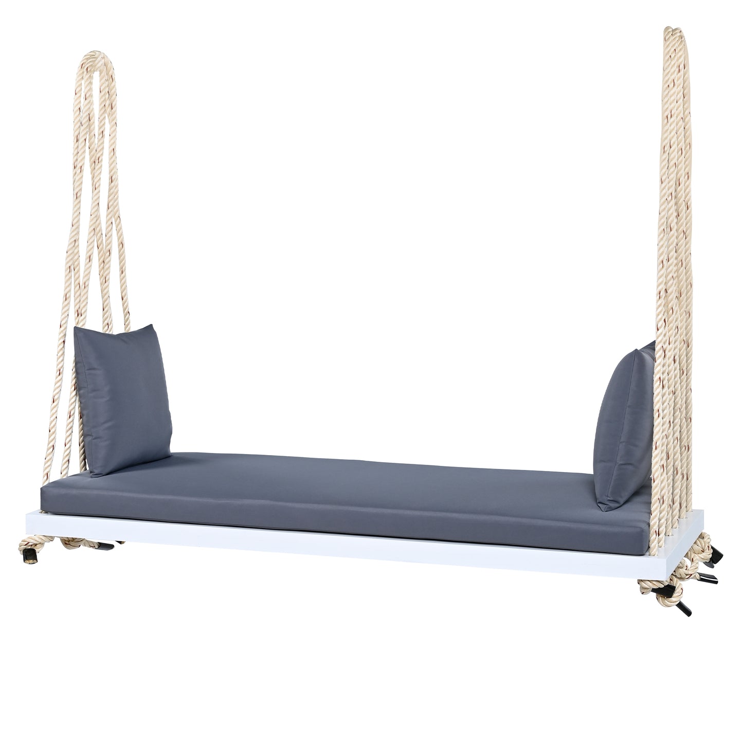TOPMAX Patio Wooden Swing Chair, Hanging Porch Swing Bench with Cushion&Pillows, 10.8Ft Hemp Ropes for Garden,Backyard, Lawn,White image 10