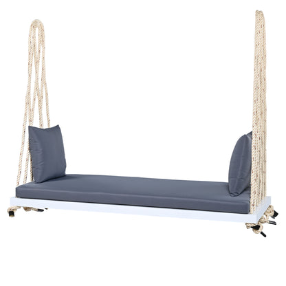 TOPMAX Patio Wooden Swing Chair, Hanging Porch Swing Bench with Cushion&Pillows, 10.8Ft Hemp Ropes for Garden,Backyard, Lawn,White image 10