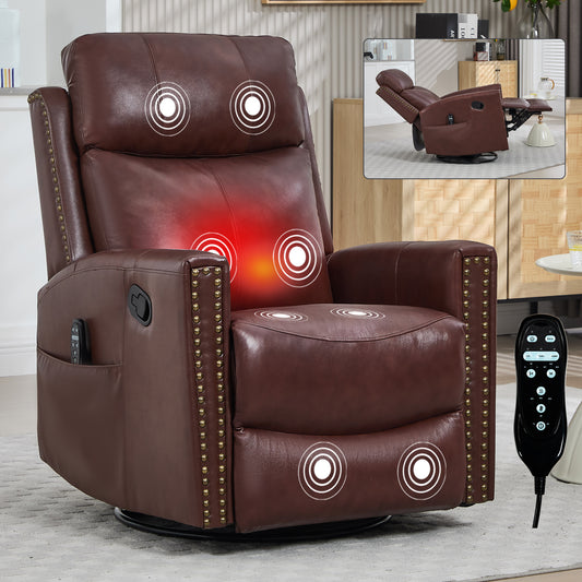 Wine Red Genuine Leather Heat Massage Manual Recliner Chair with Rocker and Swivel for Living Room image 1