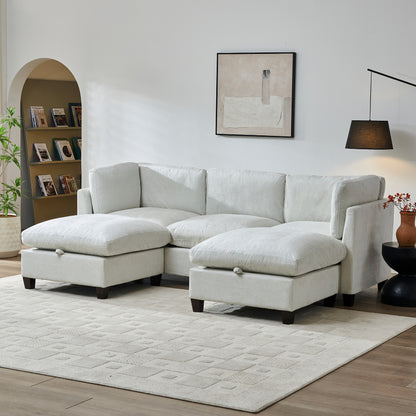 96.5" Sectional Couch for Living room, Upholstered Soft Chenille Fabric Sofa with Storage, 3-Seater with Two Ottomans U Shape Sofa Beige image 2