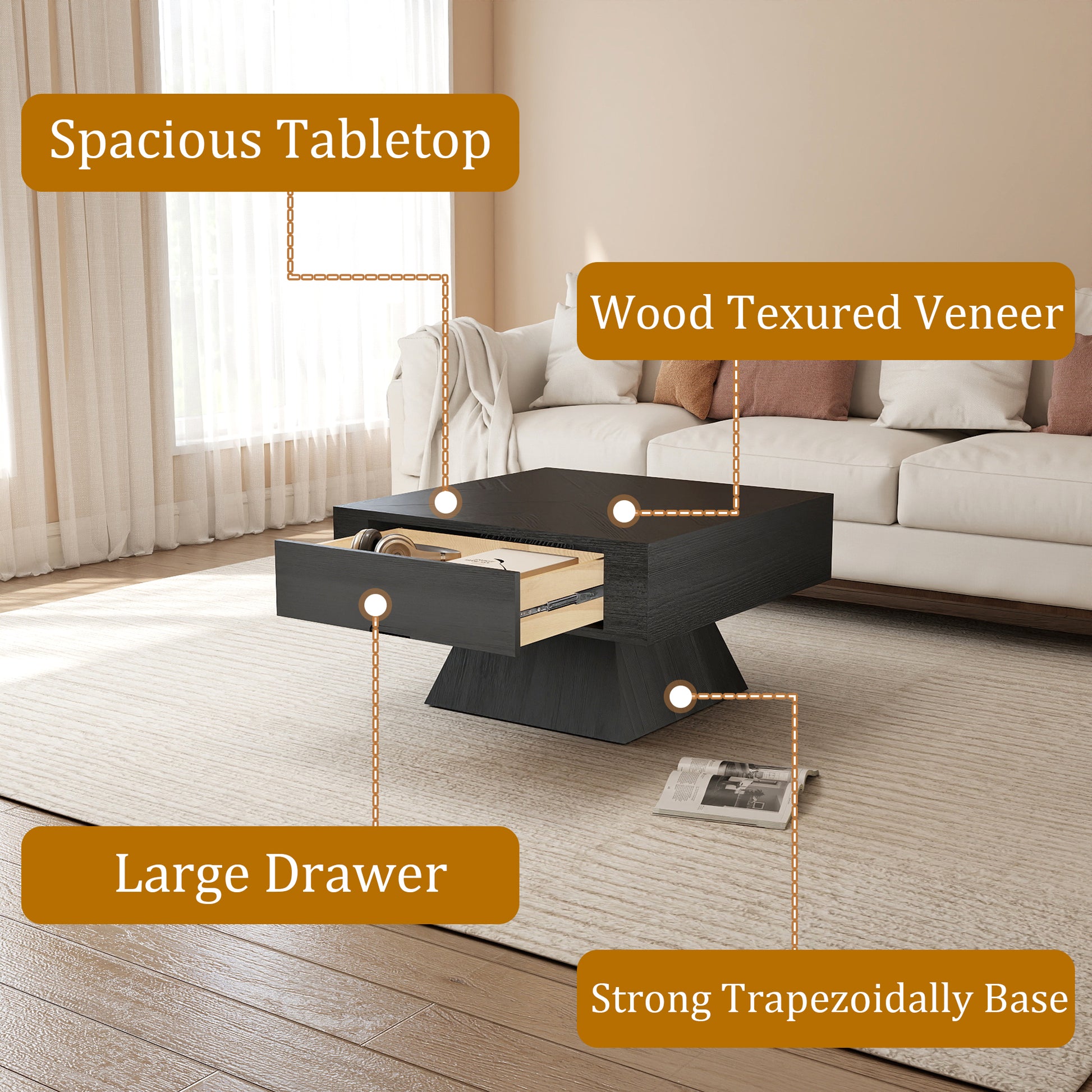 Square Veneer-Top Coffee Table with Drawer, KD Pedestal Base, Weathered Natural / Pearl Black image 8
