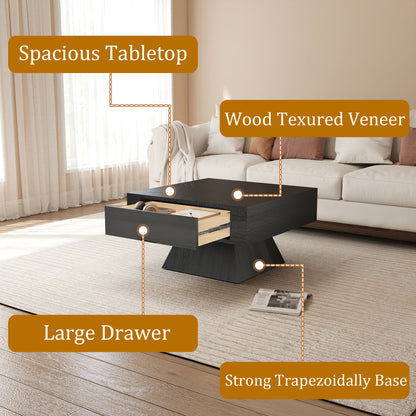 Square Veneer-Top Coffee Table with Drawer, KD Pedestal Base, Weathered Natural / Pearl Black image 8
