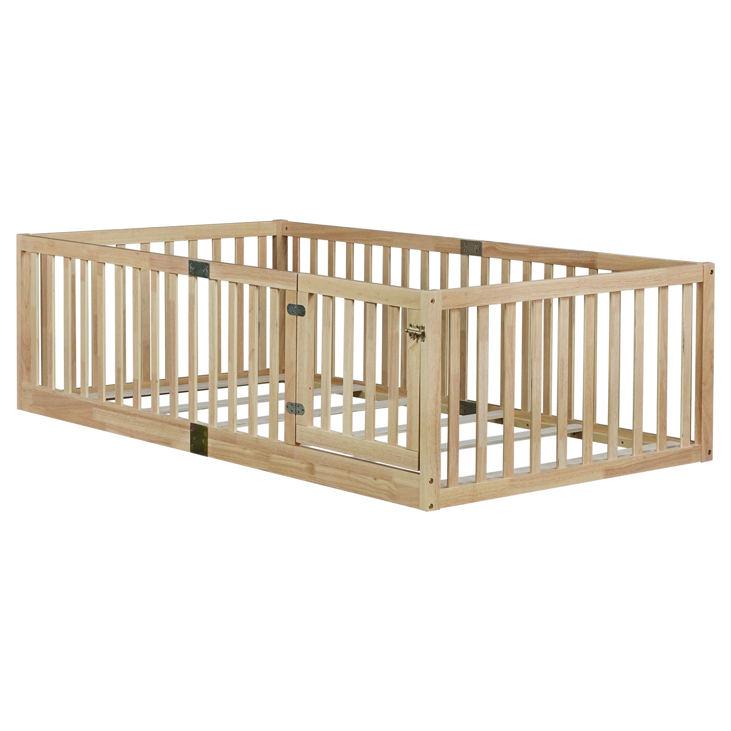 Twin Size Floor Bed with High Fence Railings, with Door, Rubber Wood Floor Bed with Safety Guardrails,Natural image 11