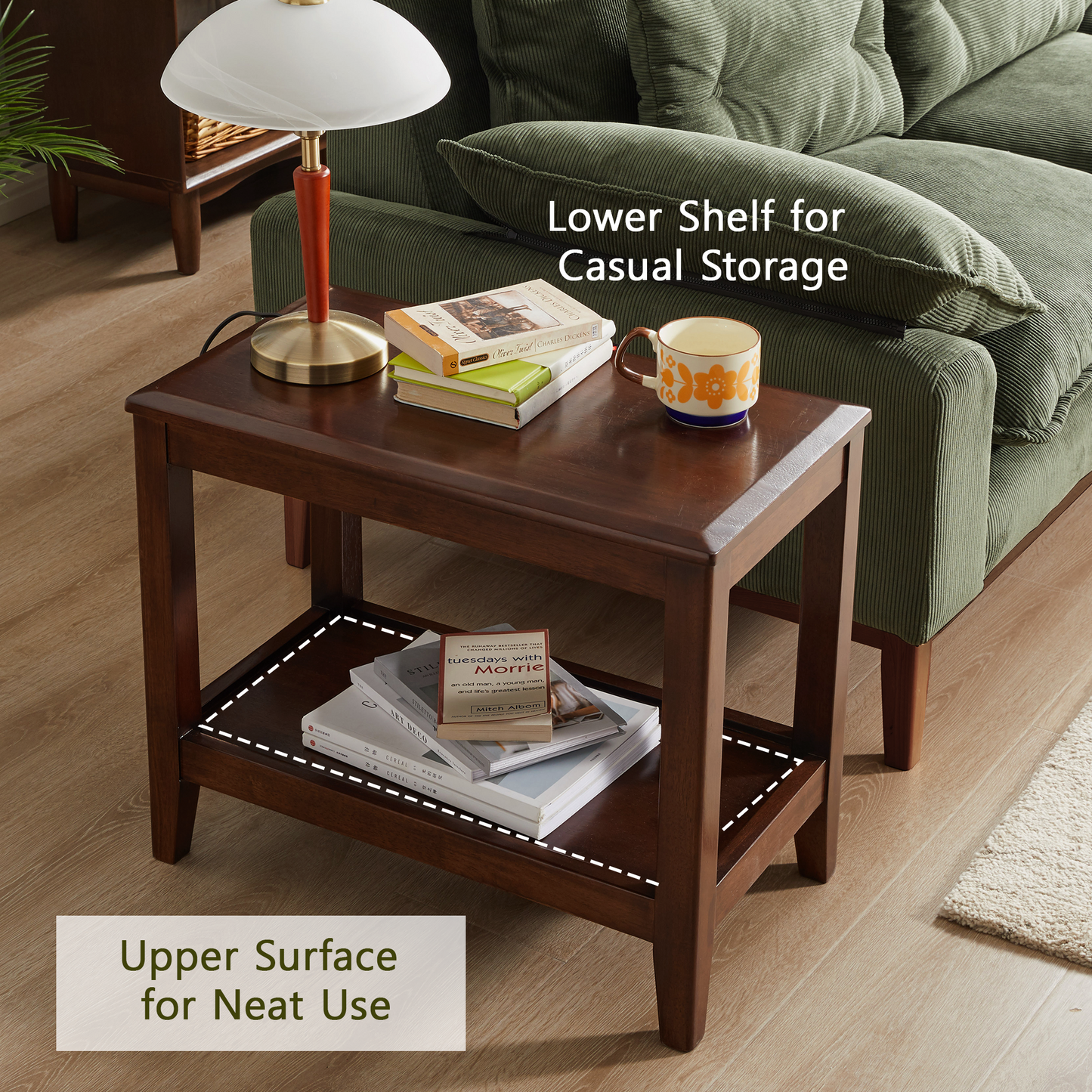 100% Solid Wood Rustic Side Table for Living Room,End Table with Storage Shelf 2-Tier Sofa Table for Living Room, Rubber Wood Indoor Plant Stand image 3