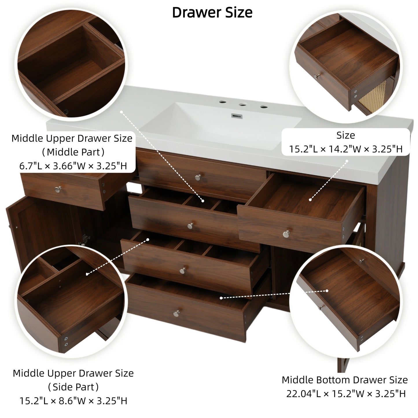 60" Bathroom Vanity with SMC Sink, Modern Large Storage Bathroom Storage Cabinet with Soft Close Drawers and Rattan Doors, Silver Metal Knobs and 5 Pine Legs, Brown image 12