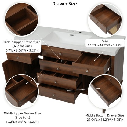 60" Bathroom Vanity with SMC Sink, Modern Large Storage Bathroom Storage Cabinet with Soft Close Drawers and Rattan Doors, Silver Metal Knobs and 5 Pine Legs, Brown image 12