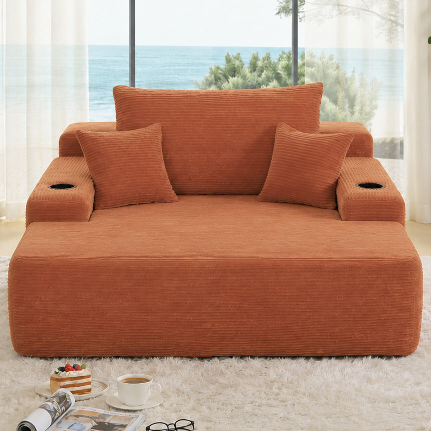NEW Convertible Chaise Lounge Chair Corduroy with Wide Armrest & Throw Pillows, Cozy Boneless Sleeper Sofa Bed Armchair, with cup holder,for Living Room, Bedroom, No Assembly Required,Orange image 3
