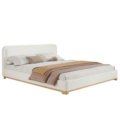 King Size Bed Frame With Boucle Upholstered Curved Headboard, Solid Wood Base And Legs, White image 7