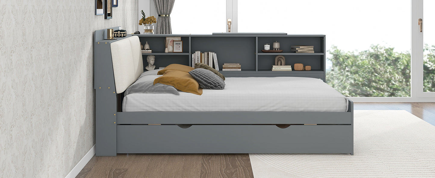 Wood Full Size platform bed with Trundle, Shelves and Storage Headboard, Gray image 10