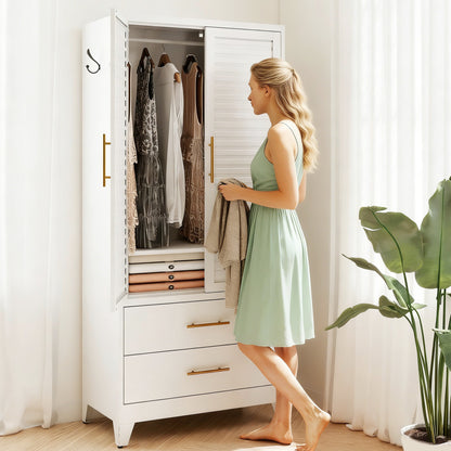 White Metal Wardrobe Closet with 2 Doors and Drawers, 71″ Tall Storage Cabinet for Bedroom, Lightweight Portable Closet for Small Apartments, Dorm, Renters, Cold Rolled Steel, Easy Assembly image 2