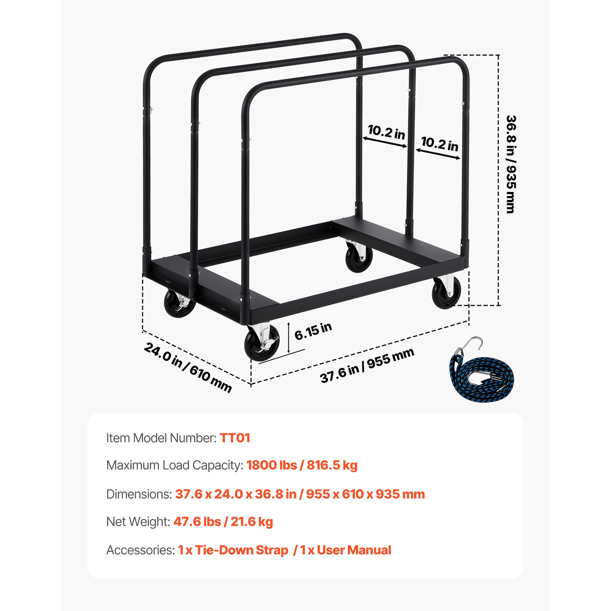 Drywall Cart Dolly, 1800 lbs Load Capacity, Steel Panel Truck Cart with 5 inch Swivel Casters, Lumber Drywall Dolly with with Tie-Down Strap & 3 Side Handrails for Factory, Warehouse, Garage, Black image 8