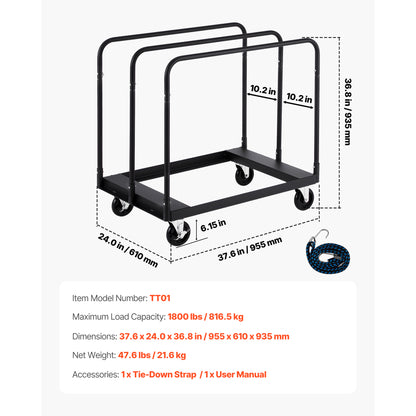 Drywall Cart Dolly, 1800 lbs Load Capacity, Steel Panel Truck Cart with 5 inch Swivel Casters, Lumber Drywall Dolly with with Tie-Down Strap & 3 Side Handrails for Factory, Warehouse, Garage, Black image 8