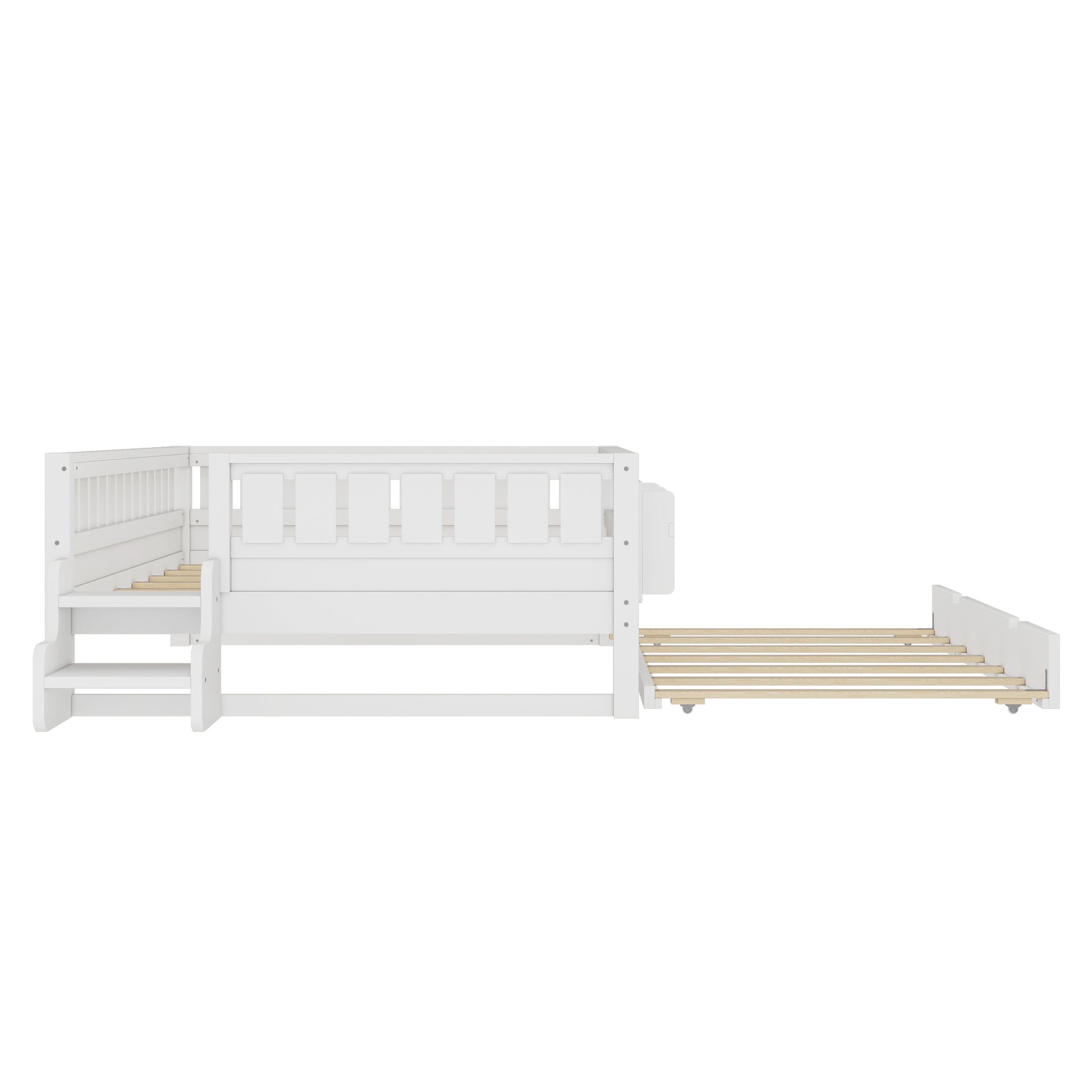 Full with built-in bookshelves and small staircase, high-quality safety rails, and Trundle,White image 12