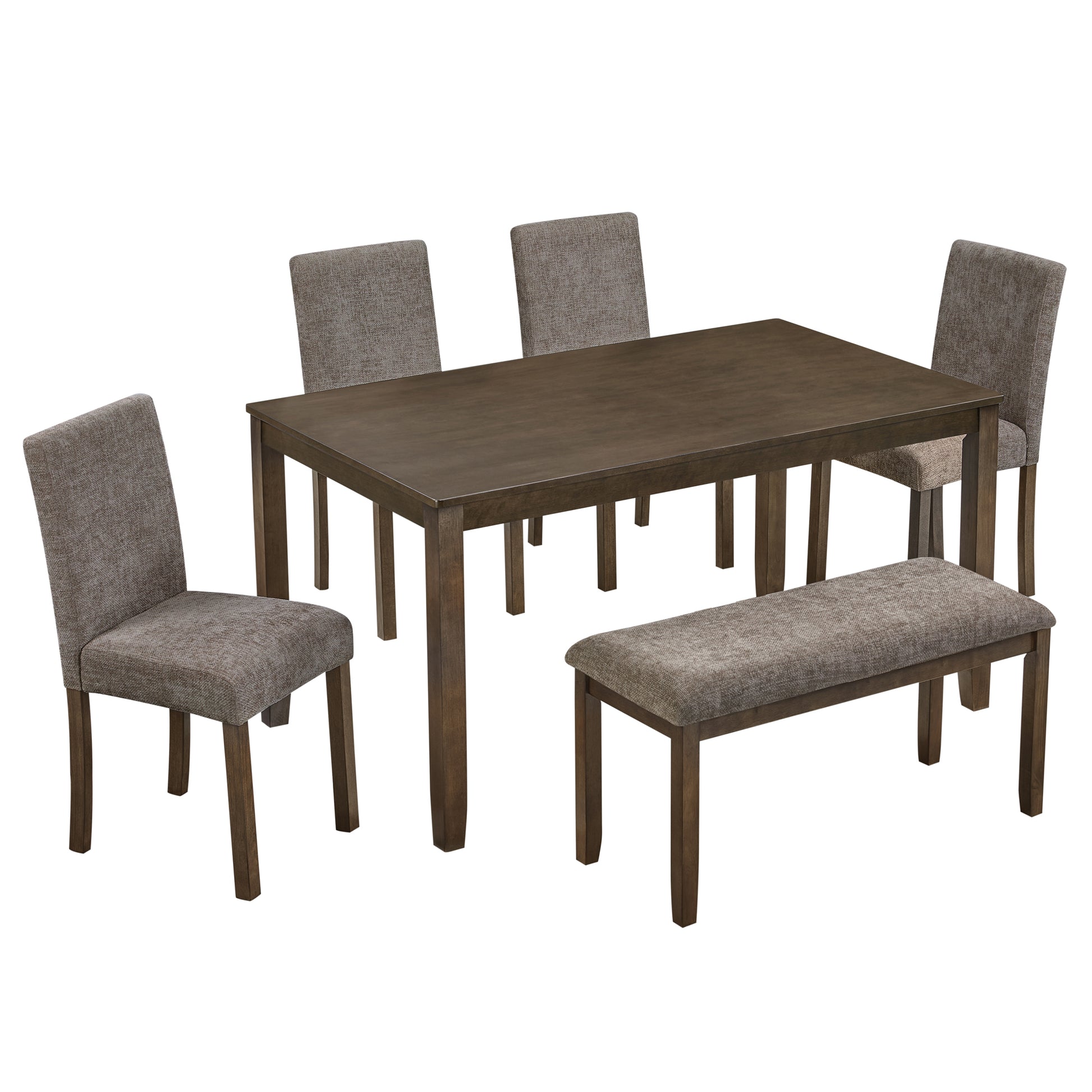 6-Piece Dining Table Set with Bench and Chairs, Wooden dining table set for 6 people, Farmhouse Rustic Style 6 Person Dining Table Set for Dining Room, Kitchen, Walnut image 9