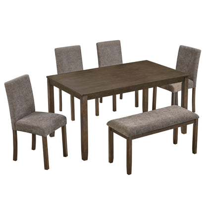 6-Piece Dining Table Set with Bench and Chairs, Wooden dining table set for 6 people, Farmhouse Rustic Style 6 Person Dining Table Set for Dining Room, Kitchen, Walnut image 9
