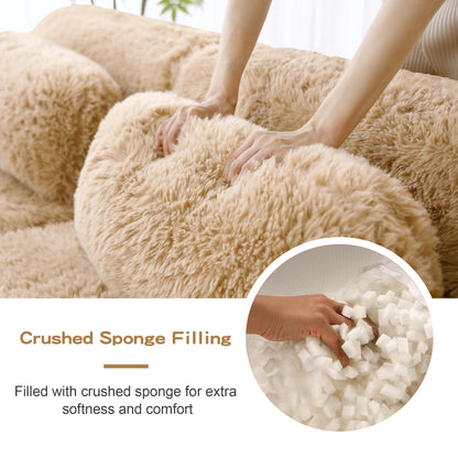 L-shaped Boneless Sofa,Soft Fluffy Plush Fabric,With Chaise 32D High Density Sponge,No Assembly Required,Ergonomic Design Bottom Anti-Slip Design,With Throw Pillows,Fits Bedrooms,Light Khaki image 10