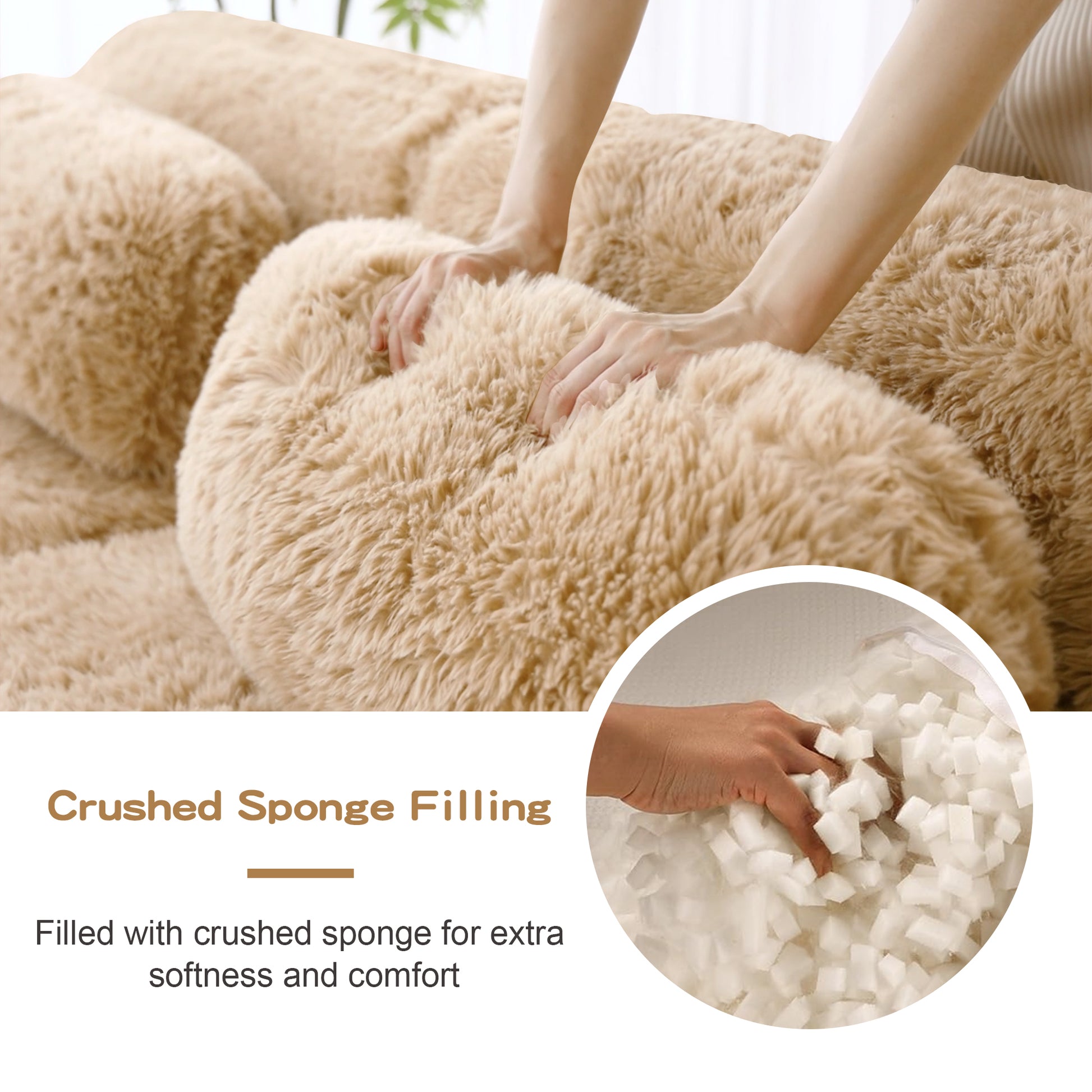 2-seater Modular Sectional Sofa Couches,Soft Fluffy Plush Fabric Bottom Anti-Slip Design,32D High Density Sponge,No Assembly Required Ergonomic Design,With Throw Pillows For Study,Light Khaki image 11