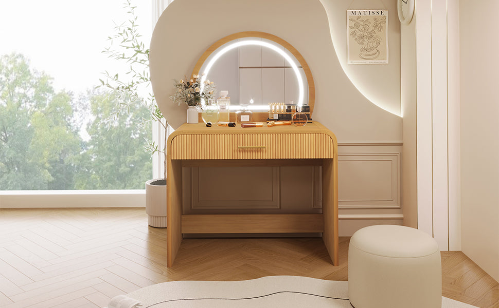 39" Makeup Vanity Table with Mirror Touch Screen Lighted Mirror, Dressing Table with Drawer for Bedroom, Natural image 10