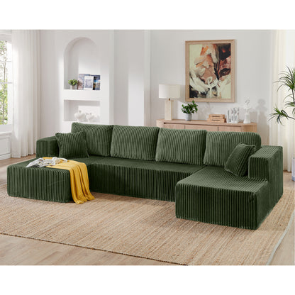 U shape Modular Sectional Sofa, Compressed Sectional Sofa Modern Minimalist Style Corduroy Couch, Sleeper Sofa for Living Room, Bedroom, Comfy Compressed Sofa Couch Space-Efficient Design-green image 1