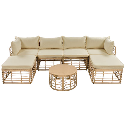GO 7 Pieces Outdoor Patio Furniture, All-Weather Rattan Sectional Sofa Set with Thick Cushions and Pillows, Freely Combined Conversation Sets for Garden, Backyard, Balcony, Brown image 10