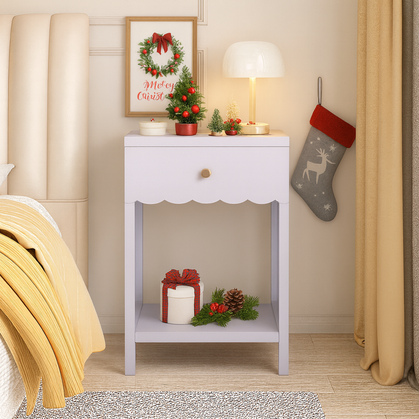 Modern Nightstand with Drawer and Open Shelf,Scalloped Edge Bedside Table for Bedroom, Cute Minimalist Side Table for Kids Room or Girls' Room,Light Purple image 1