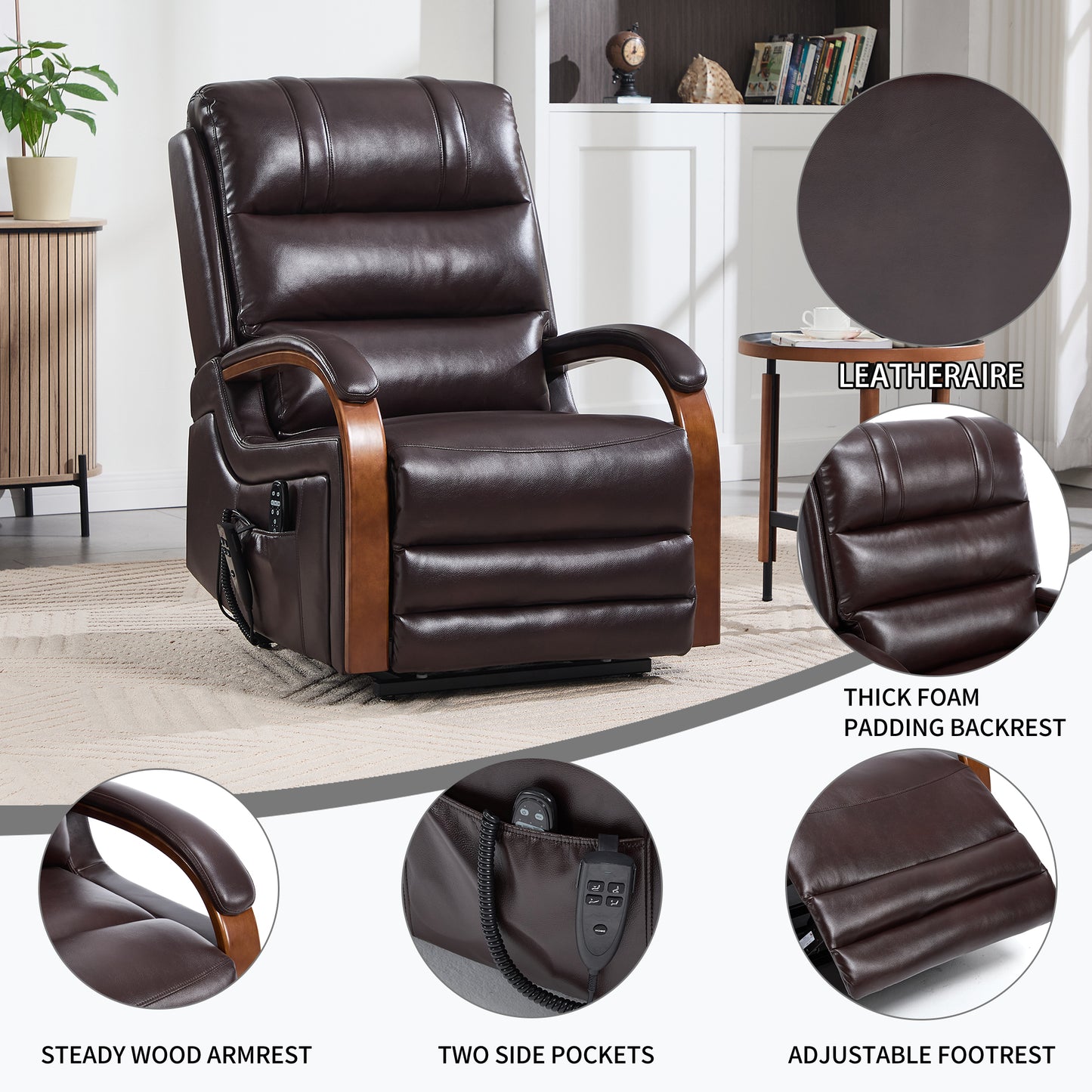 Power Brown Leatheraire Lift Recliner Chair Dual Motor Infinite Position Up to 350 LBS with Solid Wood Armrests, Heat Massage and Heavy Duty Motion Mechanism image 9