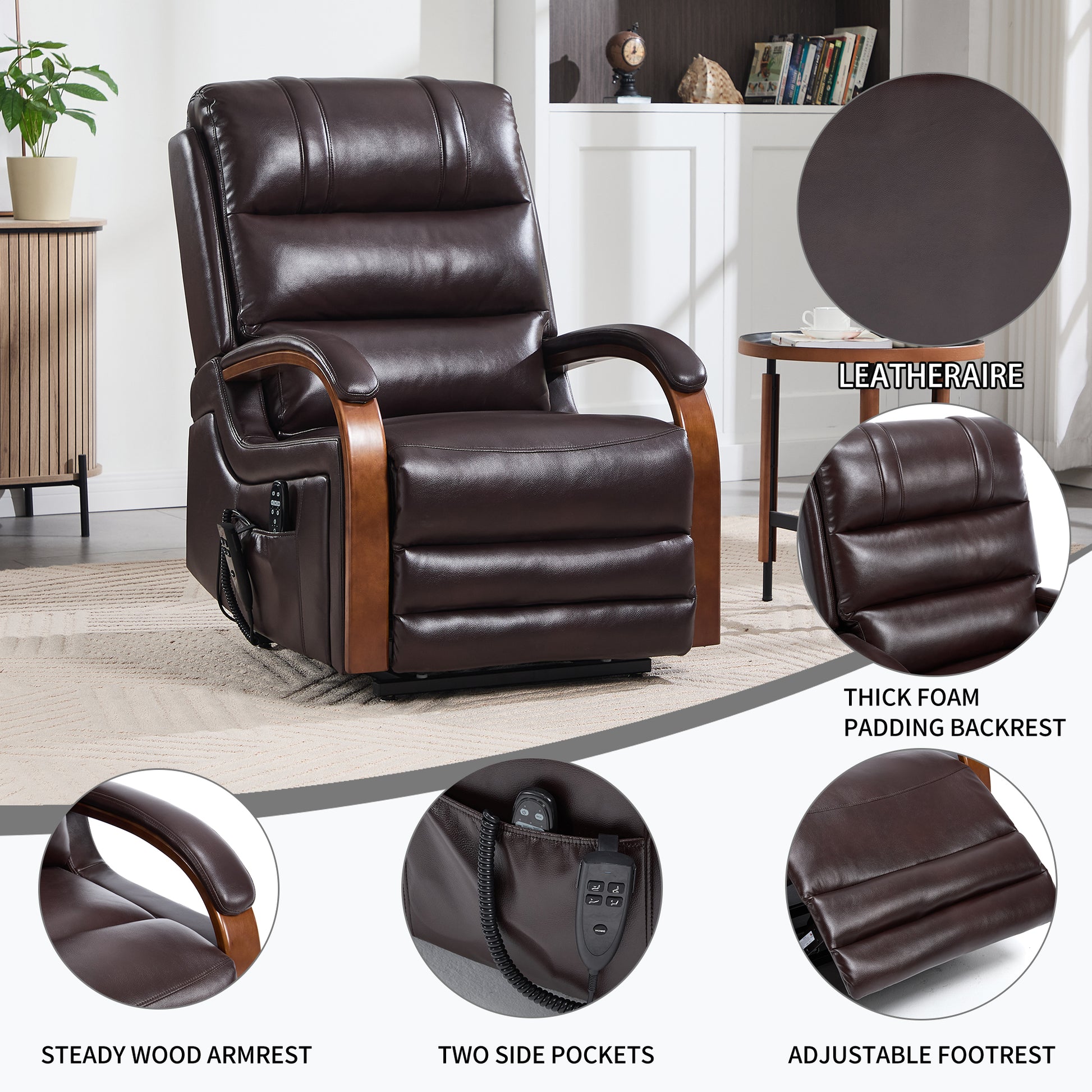 Power Brown Leatheraire Lift Recliner Chair Dual Motor Infinite Position Up to 350 LBS with Solid Wood Armrests, Heat Massage and Heavy Duty Motion Mechanism image 9