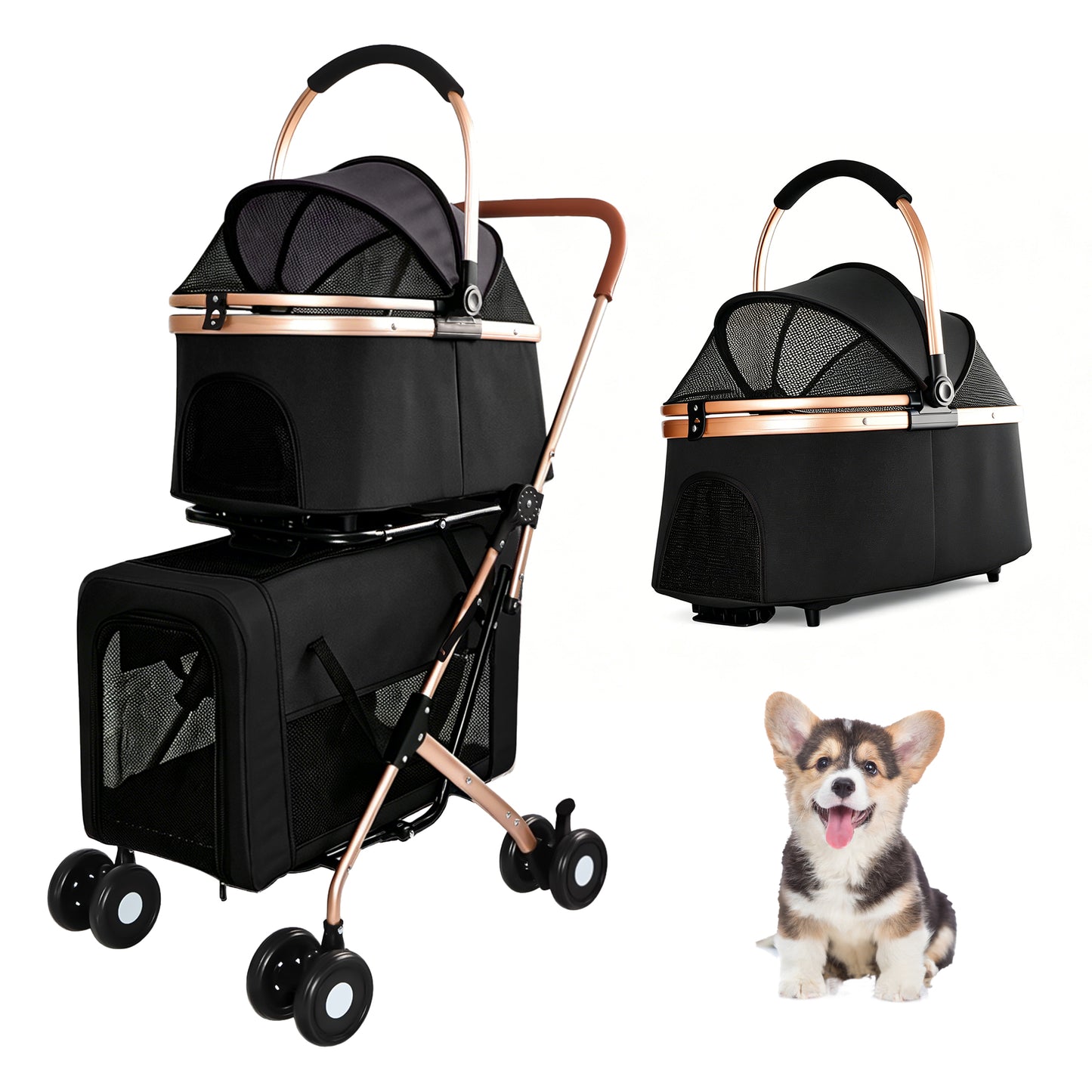 Double Pet Stroller for Dogs and Cats, Foldable Frame, 3-in-1 Convertible Carrier/Tote, Shockproof Wheels, Brake System, Fixed Safety Leashes for Small/Medium Pets in Multi-Pet Homes(Black) image 1