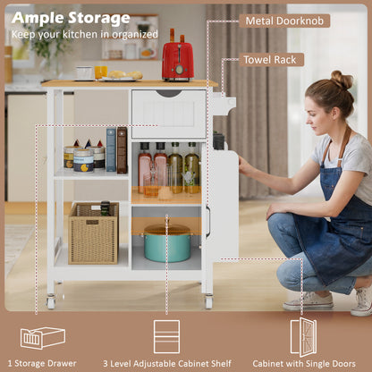 Kitchen Island Cart with Mobile Carts with Storage Cabinet, Rolling Kitchen Table with Spice Rack, Towel Rack, and Drawer, Portable Islands on Wheels, White image 4
