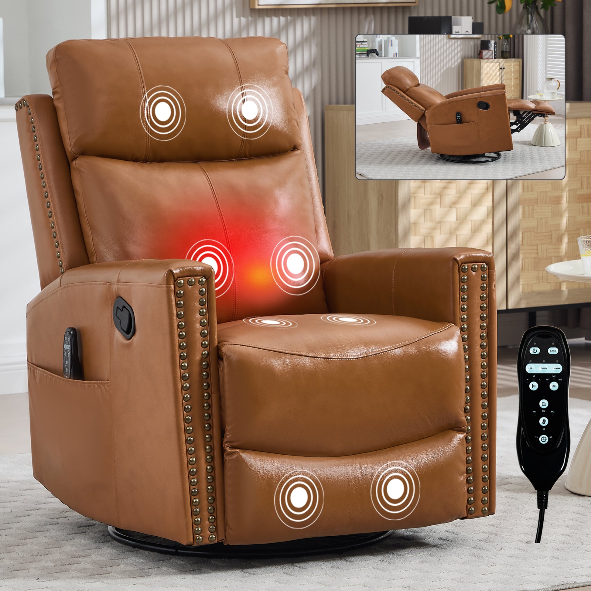 Orange Gnuine Leather Heat Massage Manual Recliner Chair with Rocker and Swivel for Living Room image 1