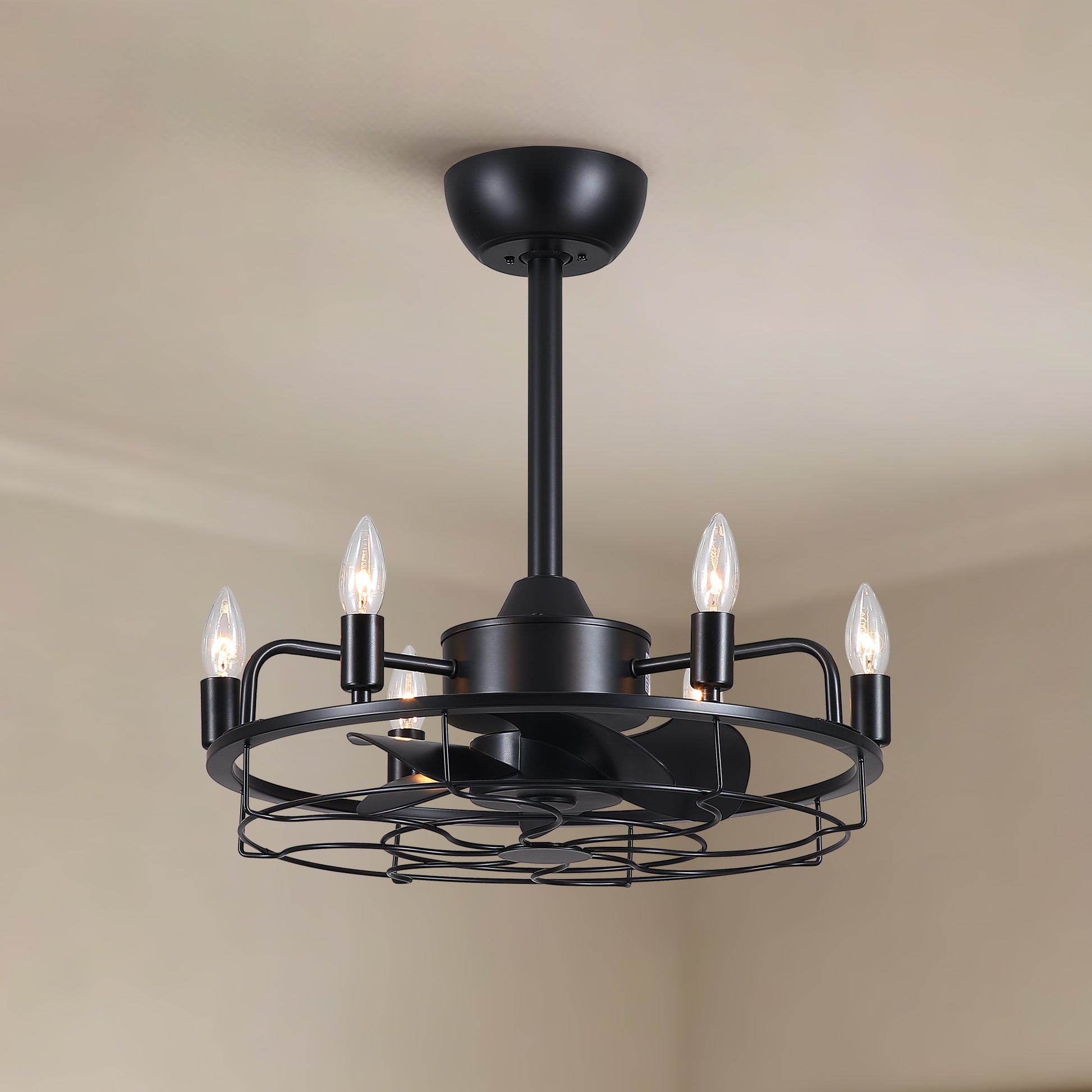20" Industrial Ceiling Fan with Lights, Farmhouse Fandelier with 6 E12 Sockets, Reversible DC Motor, 6 Speeds Remote Control Ceiling Fan for Dining Room Kitchen Bedroom image 2