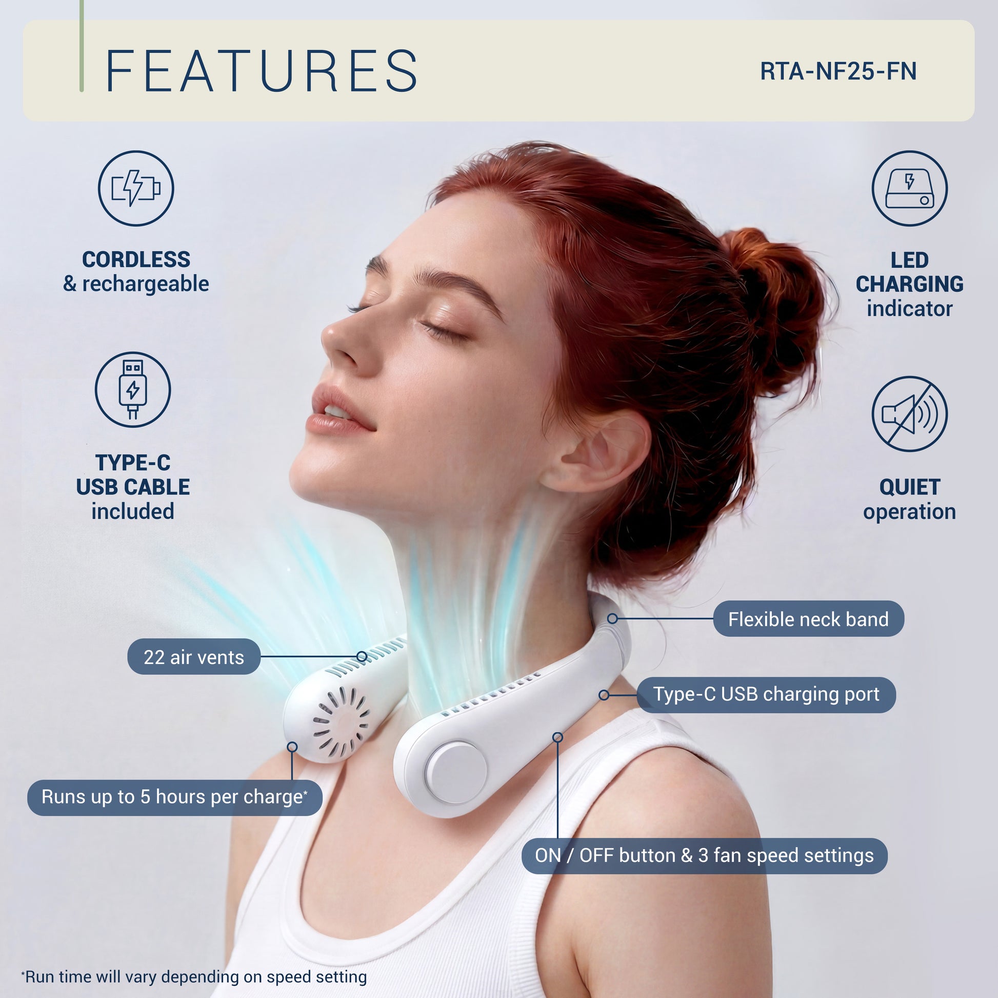 Rechargeable Neck Fan, Portable Bladeless Personal Fan, Hands-Free Wearable Cooling Fan with 3 Speeds, USB Rechargeable Lightweight Neck Fan for Travel, Outdoor Work, Camping, Office, Women & Men image 3