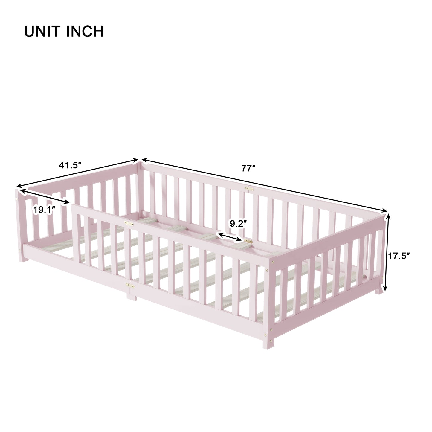 Twin Size Floor Bed with Fence without Door, Rubber Wood Floor Bed with Safety Guardrails,Pink (Old Sku W504P286399) image 9