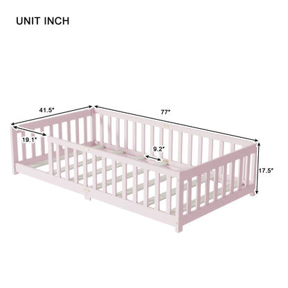 Twin Size Floor Bed with Fence without Door, Rubber Wood Floor Bed with Safety Guardrails,Pink (Old Sku W504P286399) image 9