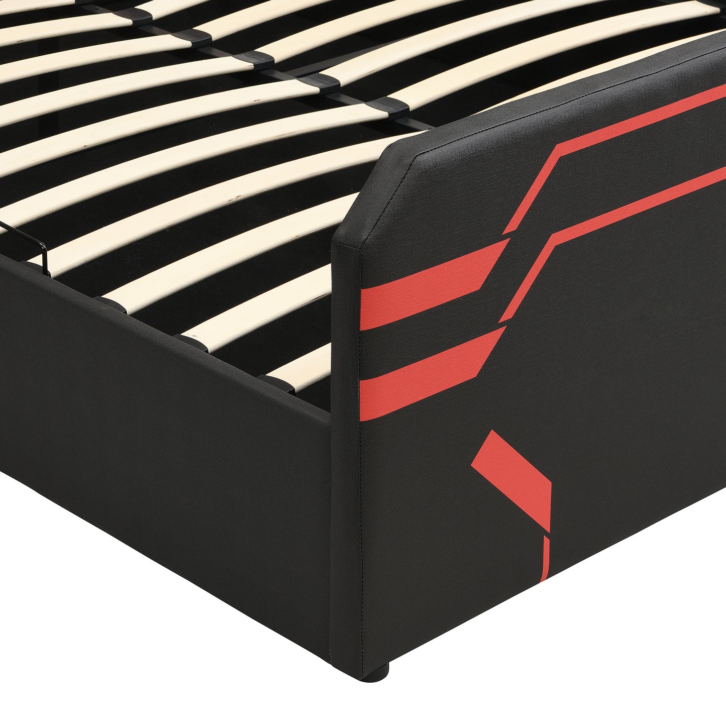 Queen Size Upholstered Gaming Bed with Side-Lift Hydraulic Storage System, Cyberpunk Style Platform Bed with Futuristic Pattern for Gamers & Gen Z, Black+Red image 9
