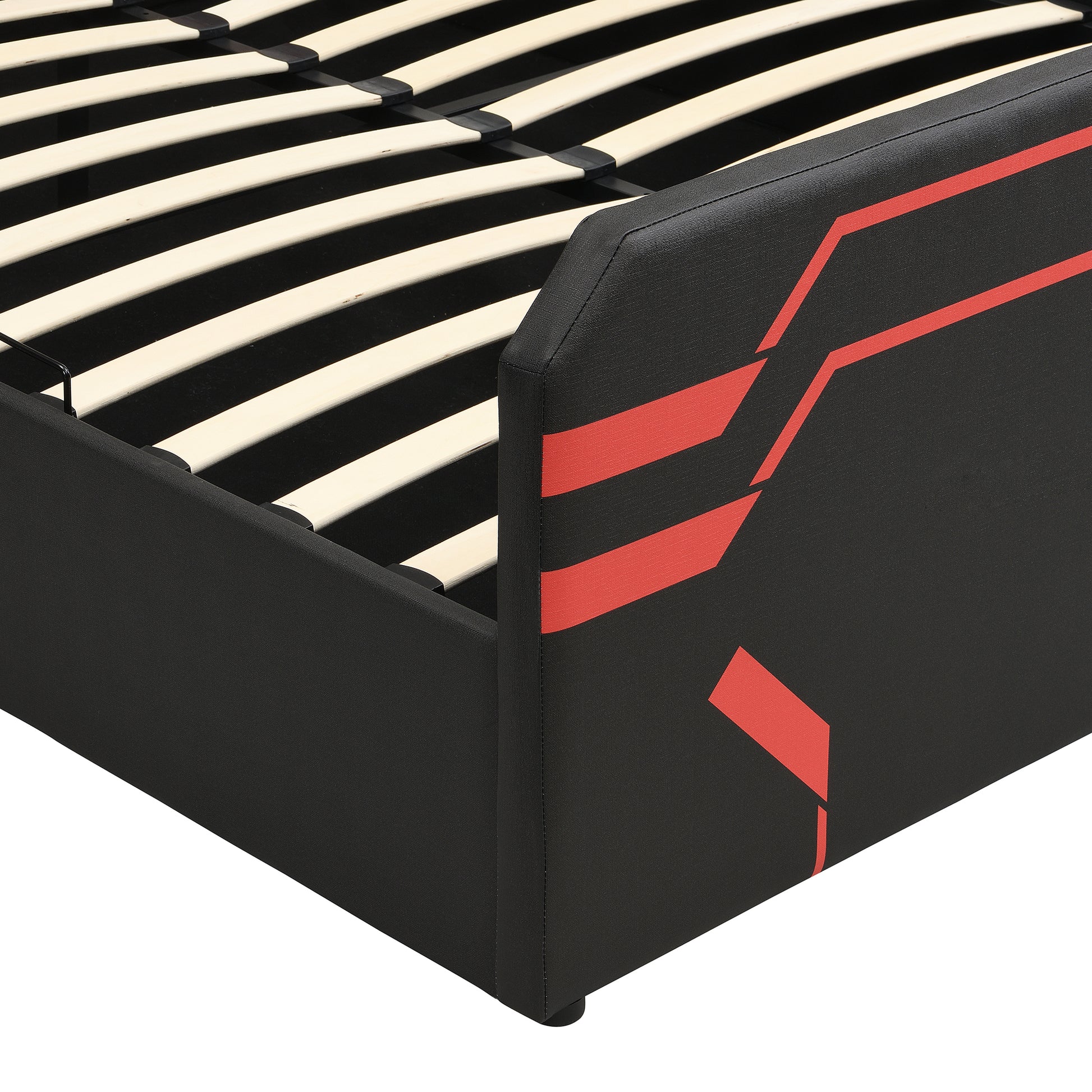 Queen Size Upholstered Gaming Bed with Side-Lift Hydraulic Storage System, Cyberpunk Style Platform Bed with Futuristic Pattern for Gamers & Gen Z, Black+Red image 9