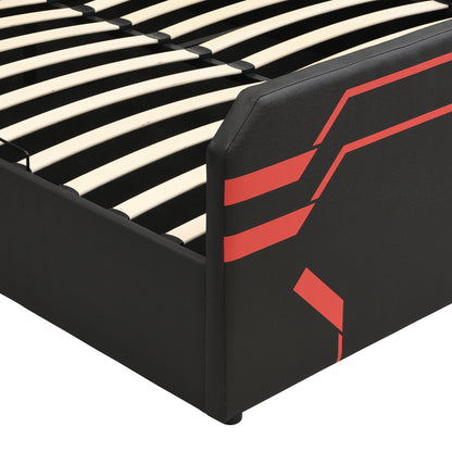 Queen Size Upholstered Gaming Bed with Side-Lift Hydraulic Storage System, Cyberpunk Style Platform Bed with Futuristic Pattern for Gamers & Gen Z, Black+Red image 9