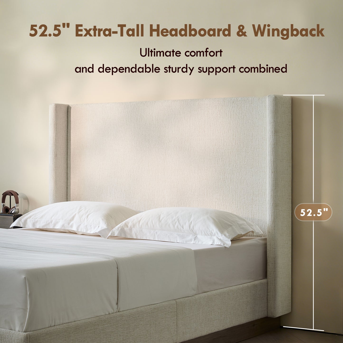 Hosford Upholstered Wingback Bed / Upholstered Wood Base Platform Bed / 52.5" High Headboard / Minimalist / Rusticity / No Box Spring Needed / Queen / Oat Boucle / No Noise image 6