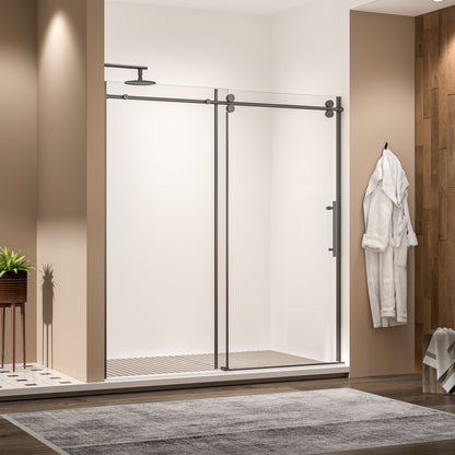 68-72" W * 76" H Stainless Steel Round Tube Frameless Single Sliding Shower Door, 3/8"-thick (10mm) SGCC Clear Tempered Glass Door, Reversible Installation, Matte Black image 2