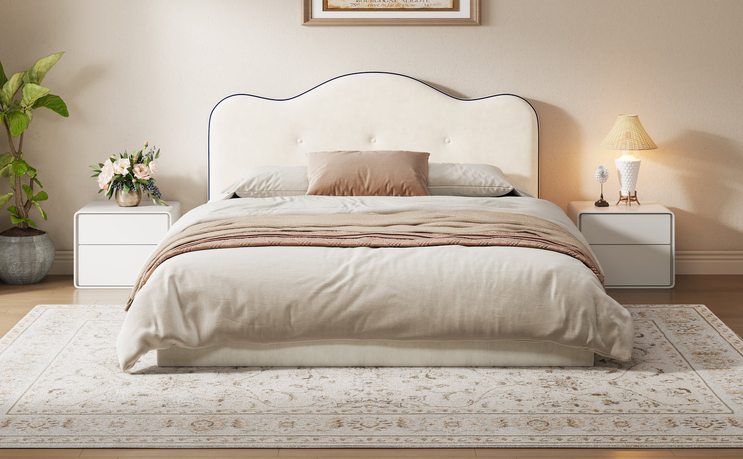 King Size Upholstered Platform Bed, Beige image 5
