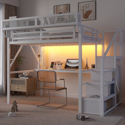 Full Loft Bed with Desk and Charging Station, Full Size Metal Loft Bed with Stairs and Light for Kids Teens,White (OLD SKU W2580S00046) image 2